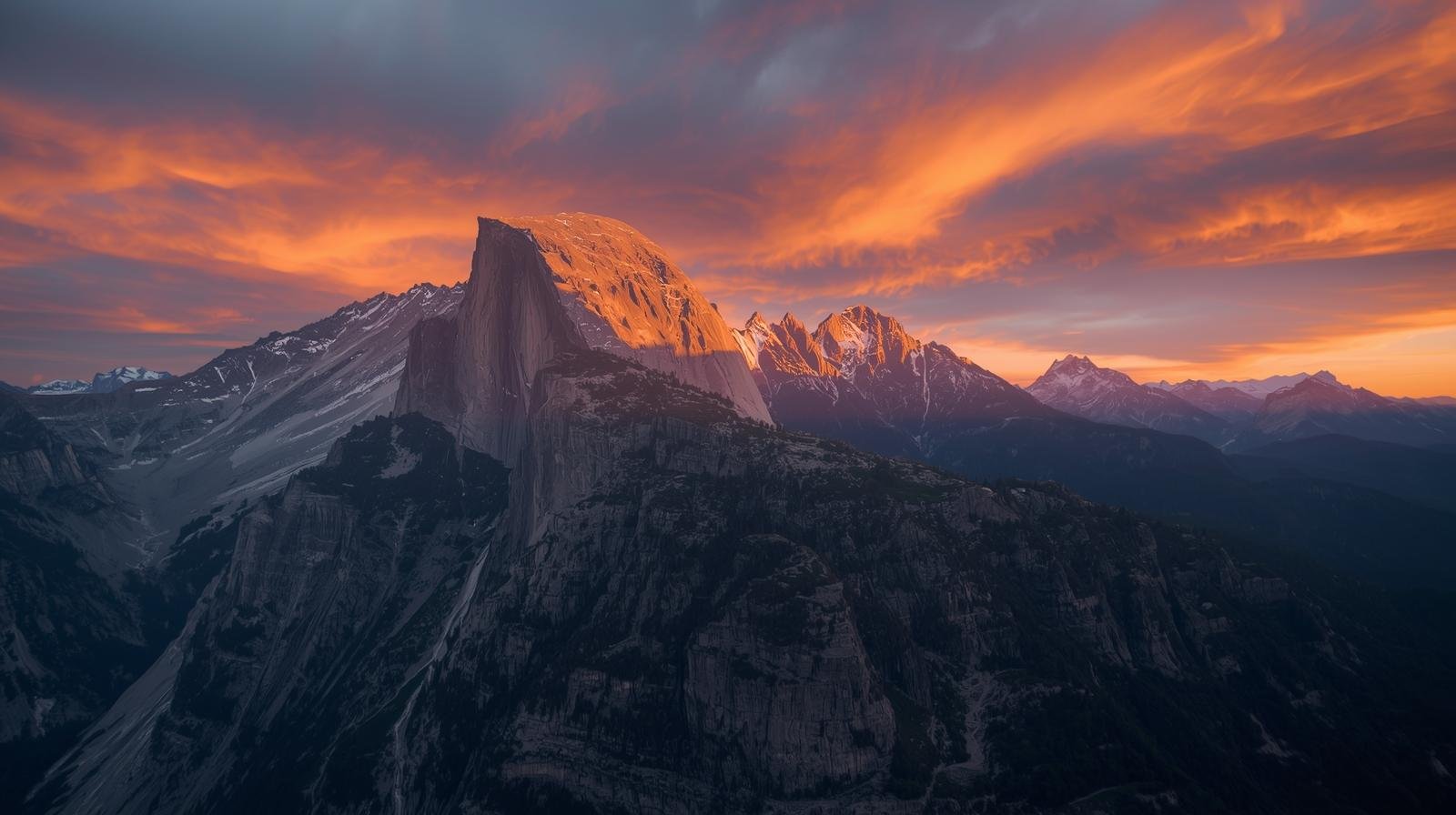 Photorealistic mountain with a perfect sunset with different colours like orange, yellow and blue (1) Mountain