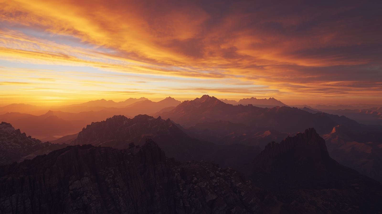 Photorealistic mountain with a perfect sunset with different colours like orange, yellow and blue Yellow
